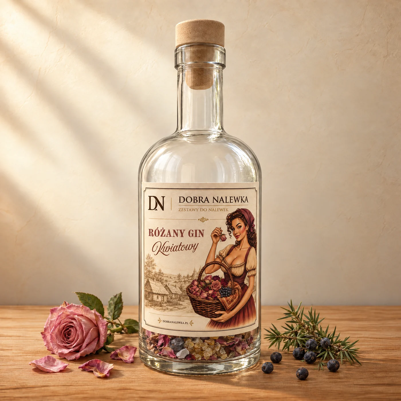 Zestaw Solo Różany Gin Kwiatowy — butelka i składniki