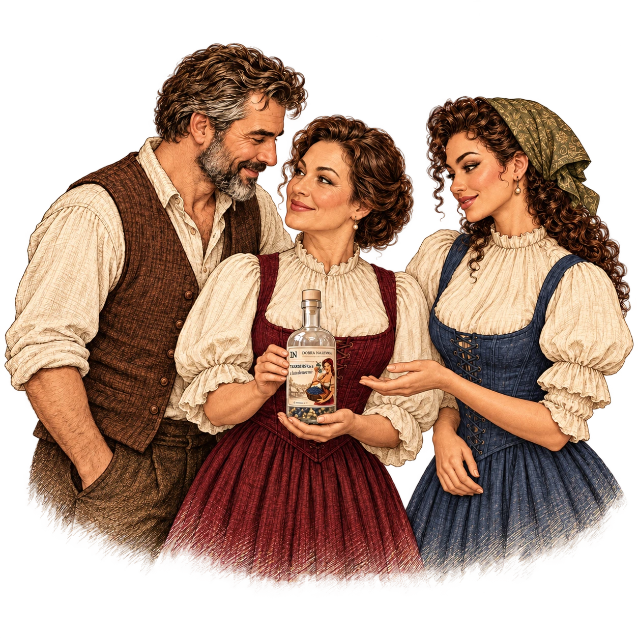 Ilustracja mężczyzny i dwóch kobiet z ozdobną butelką.