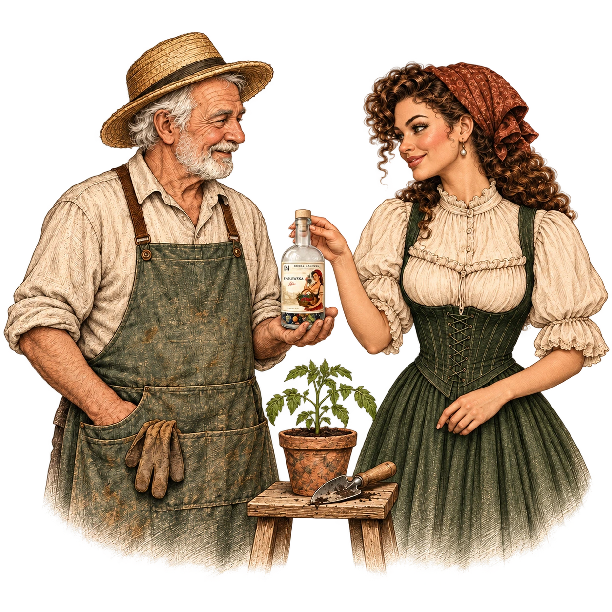 Ilustracja starszego mężczyzny w fartuchu i kobiety z butelką.