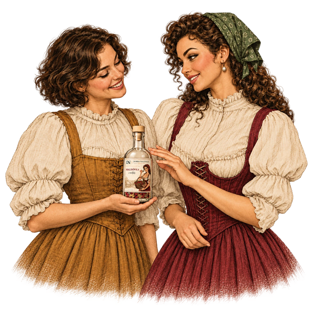 Ilustracja dwóch kobiet oglądających butelkę zestawu do przygotowania domowej nalewki.