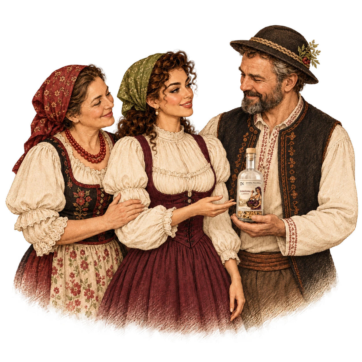 Ilustracja trzech dorosłych osób z butelką ze składnikami do domowej nalewki