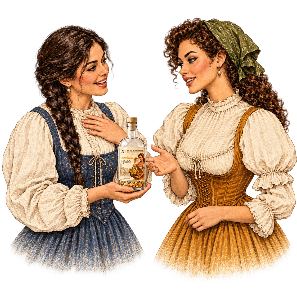 Ilustracja dwóch kobiet z książką i butelką.