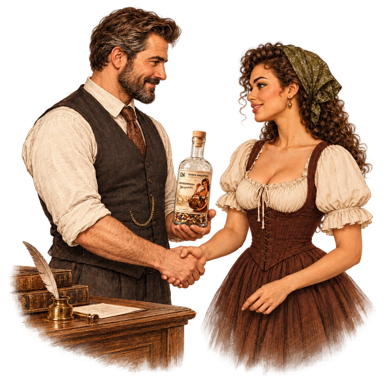 Ilustracja kobiety i mężczyzny wręczających butelkę.