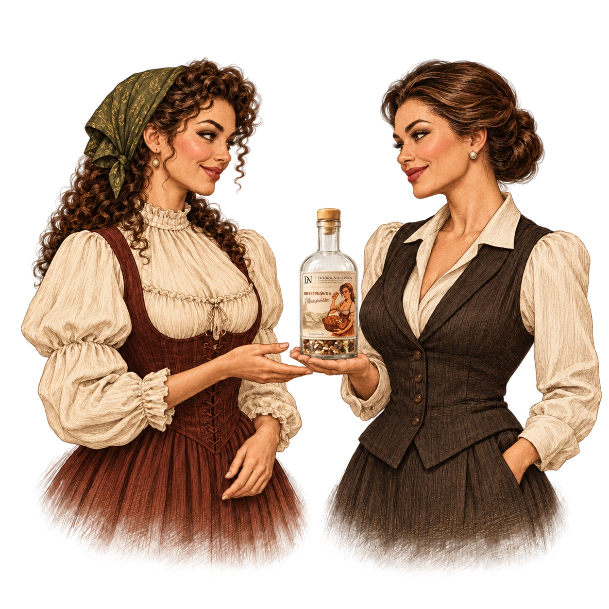 Ilustracja dwóch kobiet przy butelce; jedna z nich ma ciemną kamizelkę i białą koszulę.