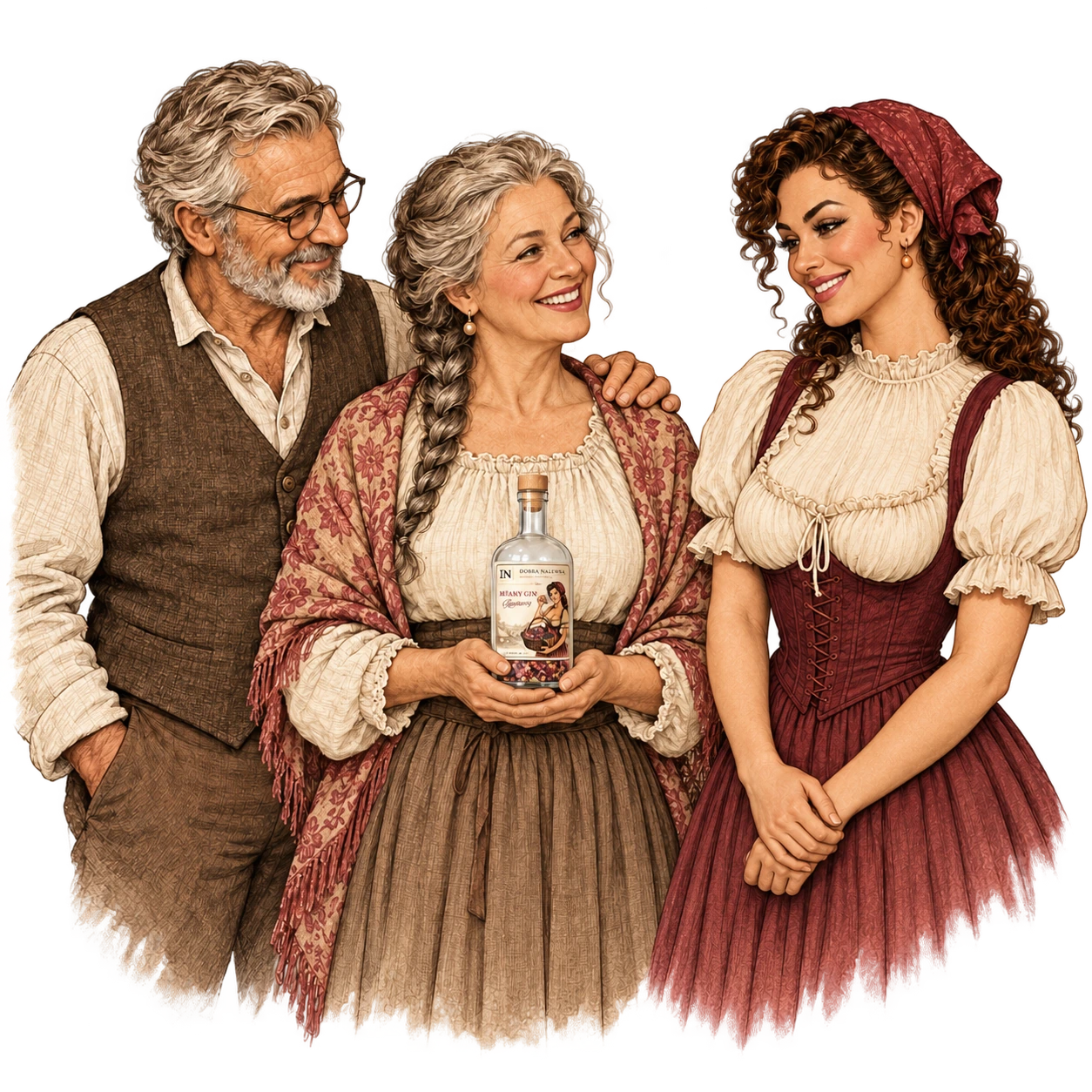 Ilustracja trzech dorosłych osób z butelką ze składnikami do nalewki