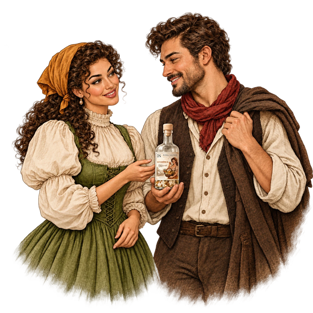 Ilustracja kobiety i mężczyzny z butelką.