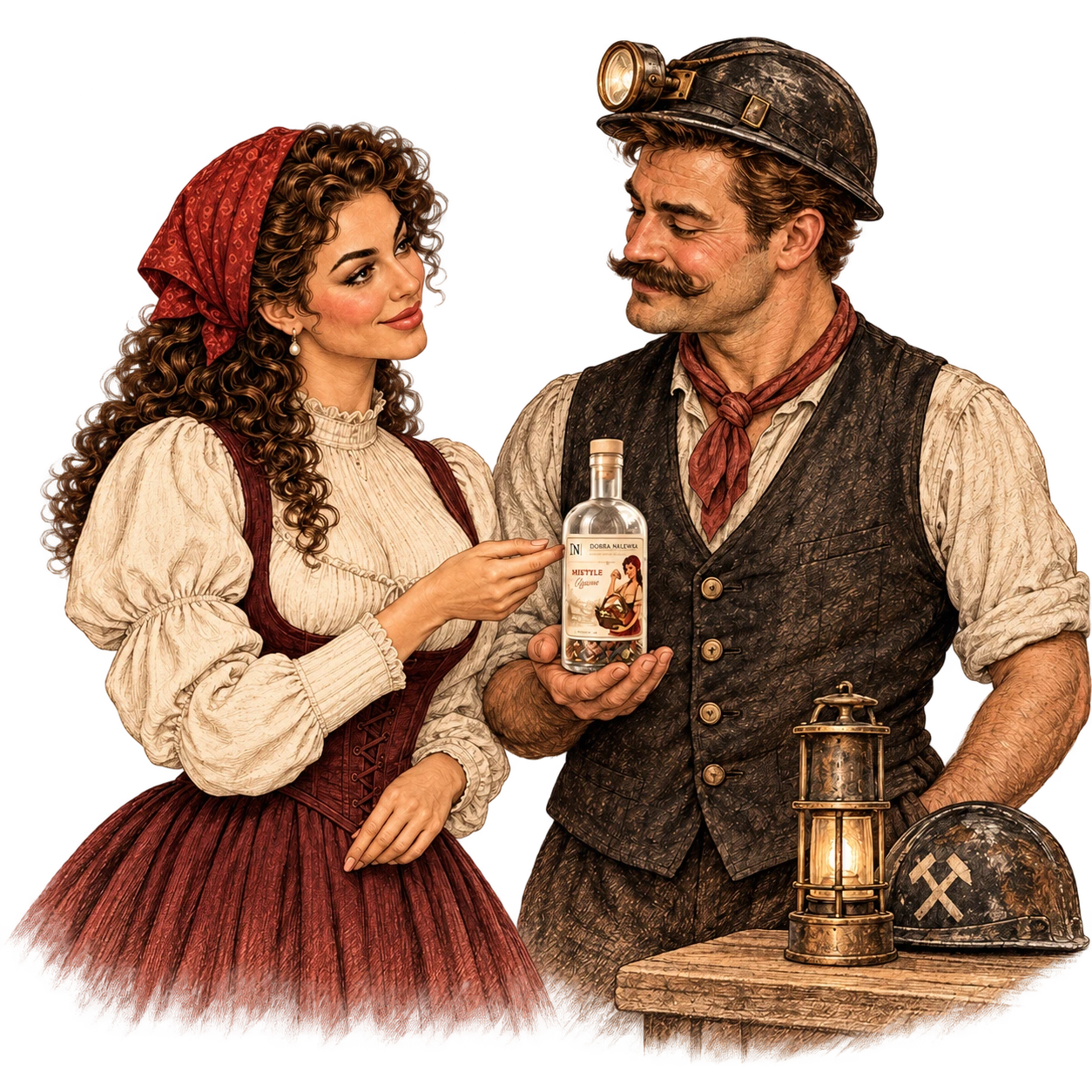 Ilustracja górnika w hełmie i kobiety z butelką.