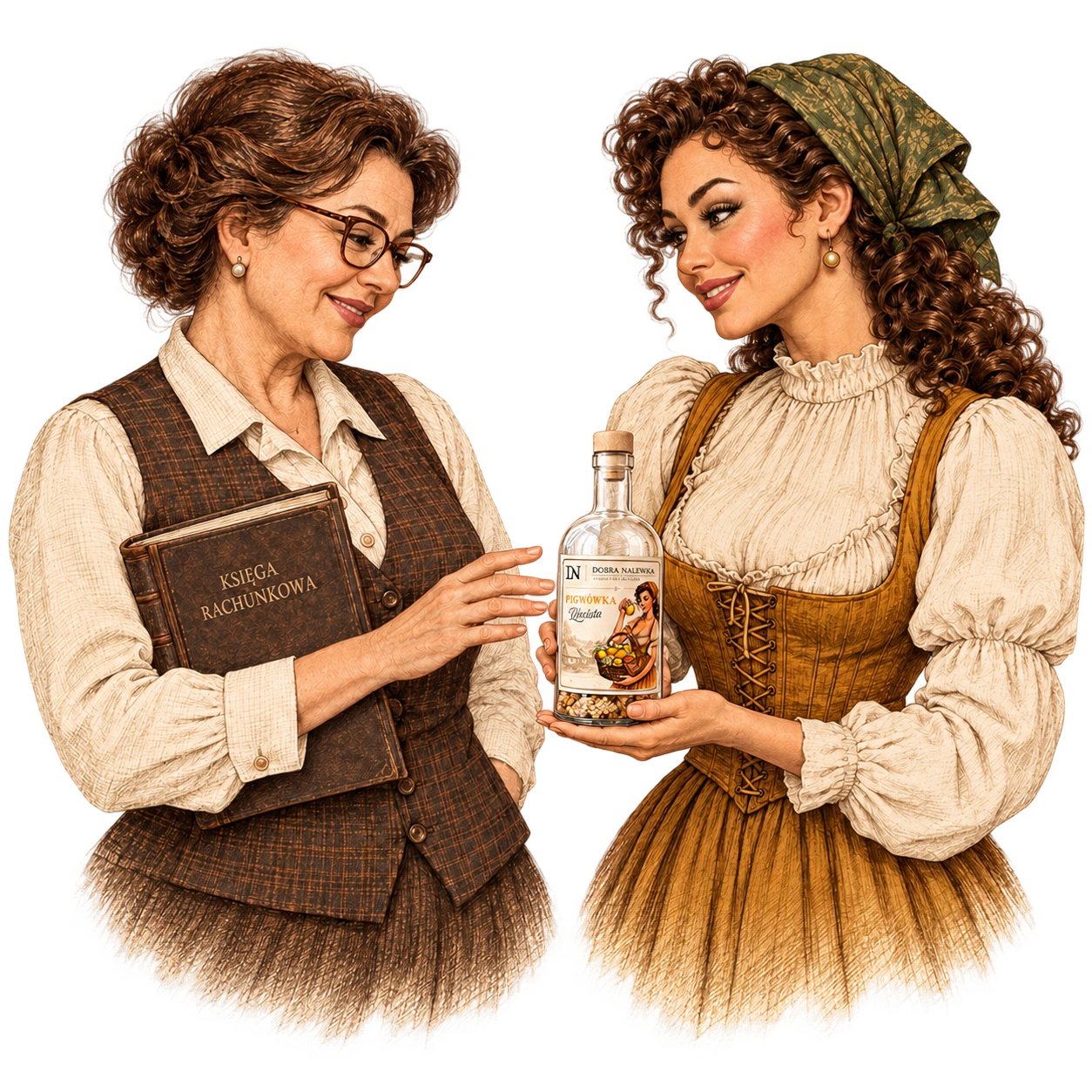 Ilustracja dwóch kobiet: jedna trzyma księgę rachunkową, druga butelkę.