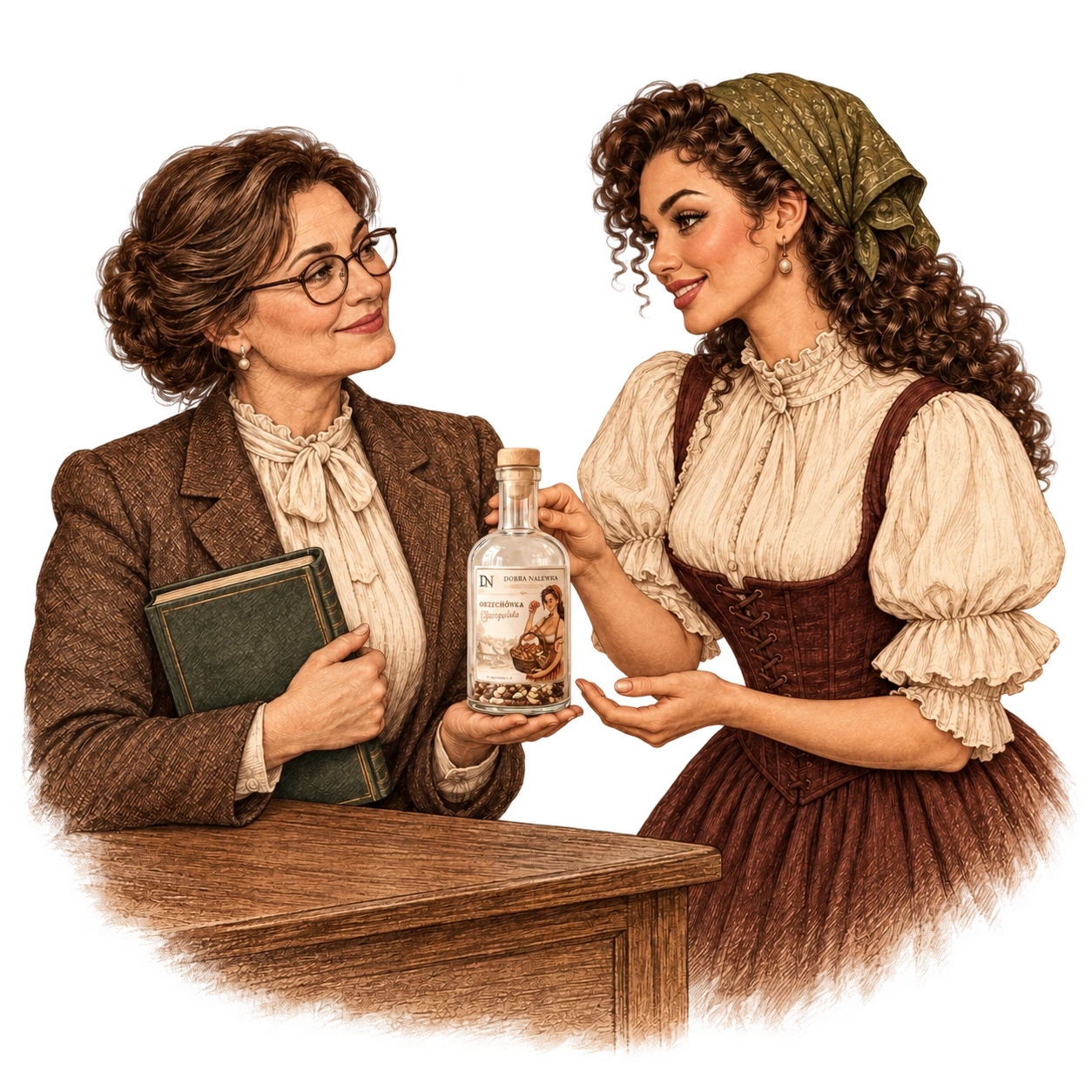 Ilustracja dwóch kobiet przy stole, z książką i butelką.