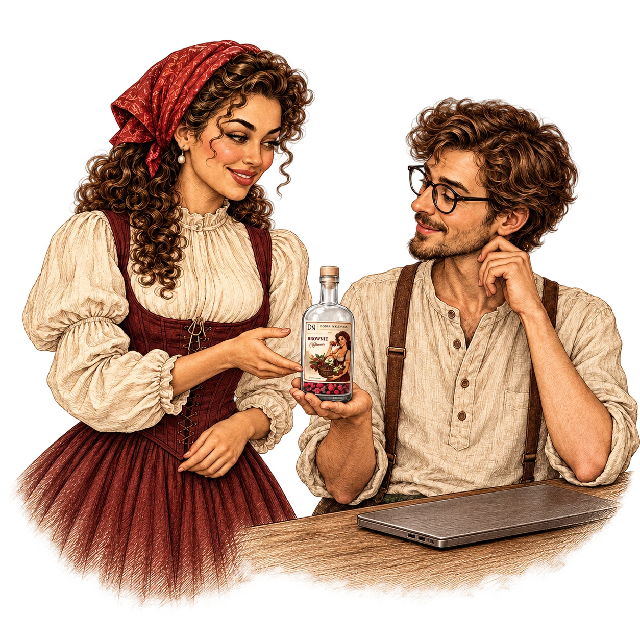 Ilustracja mężczyzny przy laptopie oglądającego butelkę zestawu do nalewki podaną przez kobietę.