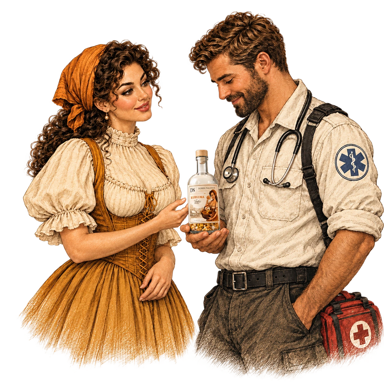 Ilustracja kobiety i mężczyzny w stroju ratowniczym z butelką.