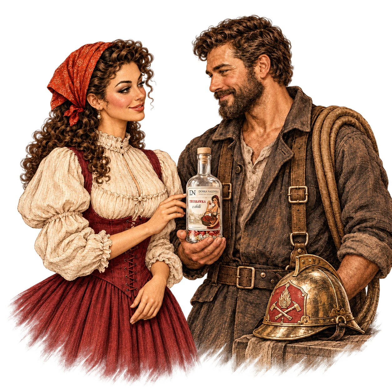 Ilustracja strażaka i kobiety z butelką; obok leży hełm.
