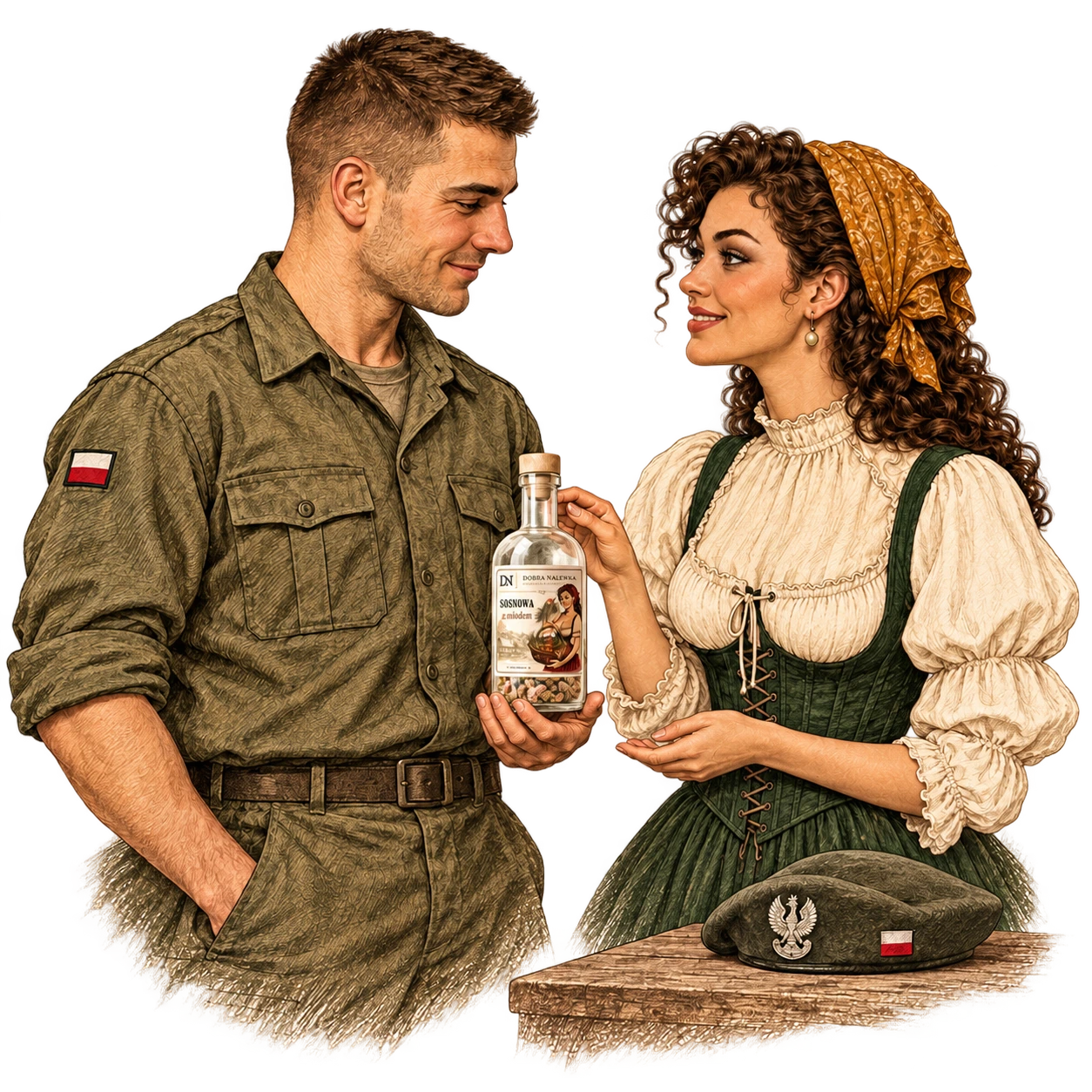 Ilustracja mężczyzny w mundurze i kobiety z butelką.