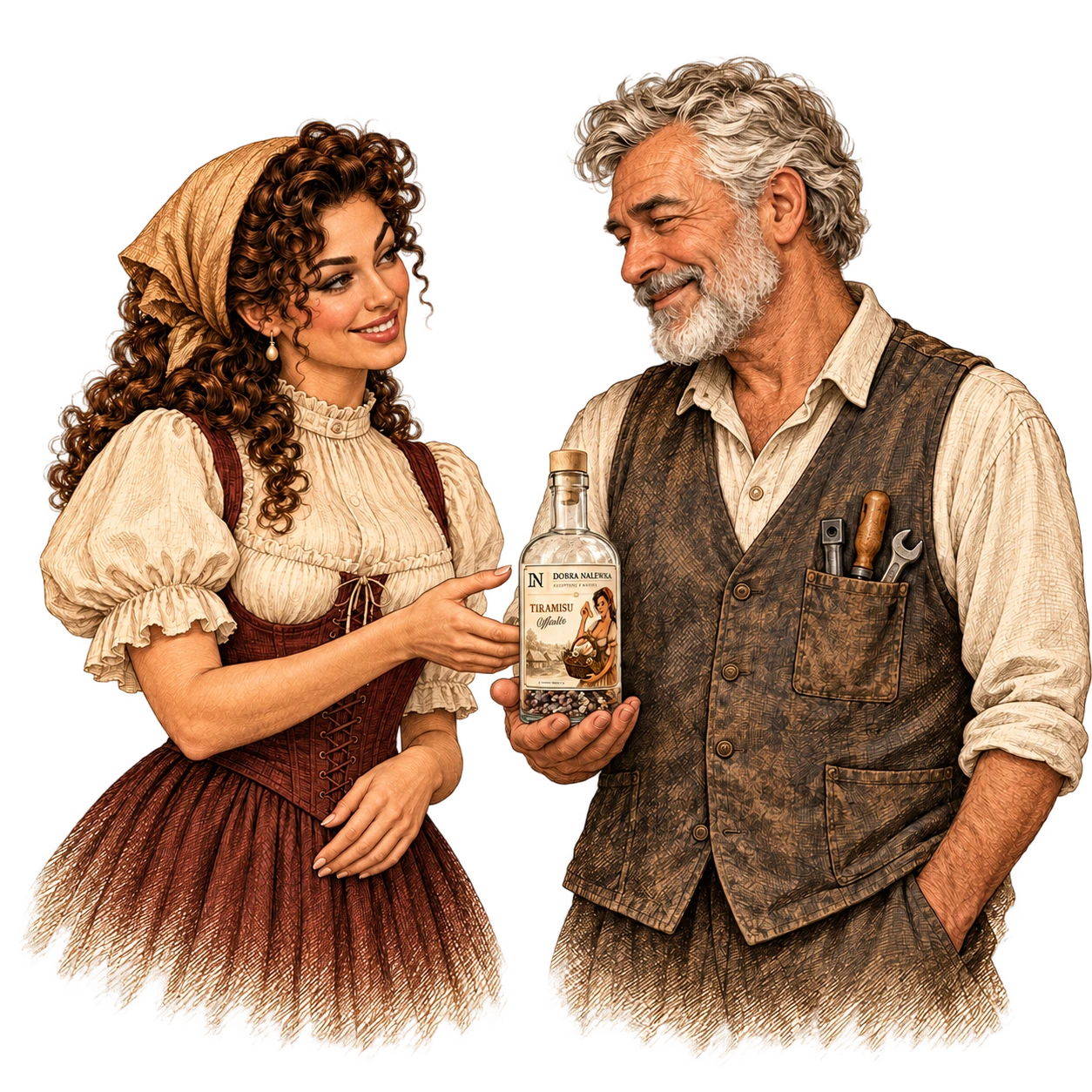 Ilustracja starszego mężczyzny i kobiety z butelką.