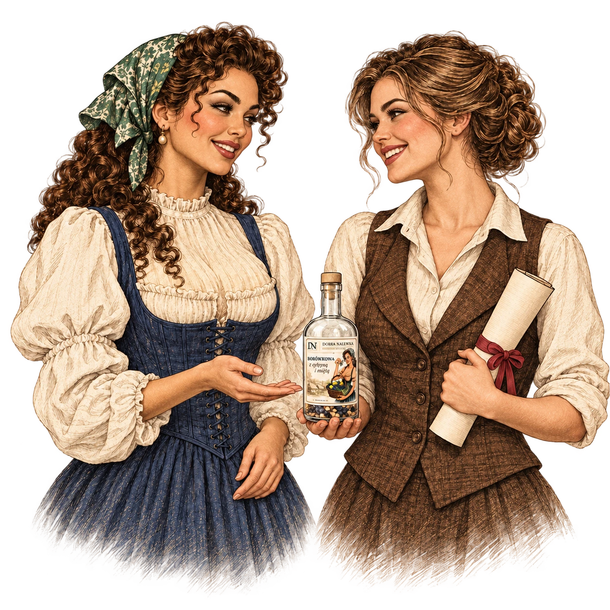 Ilustracja dwóch kobiet z butelką; jedna trzyma zwinięty dokument.
