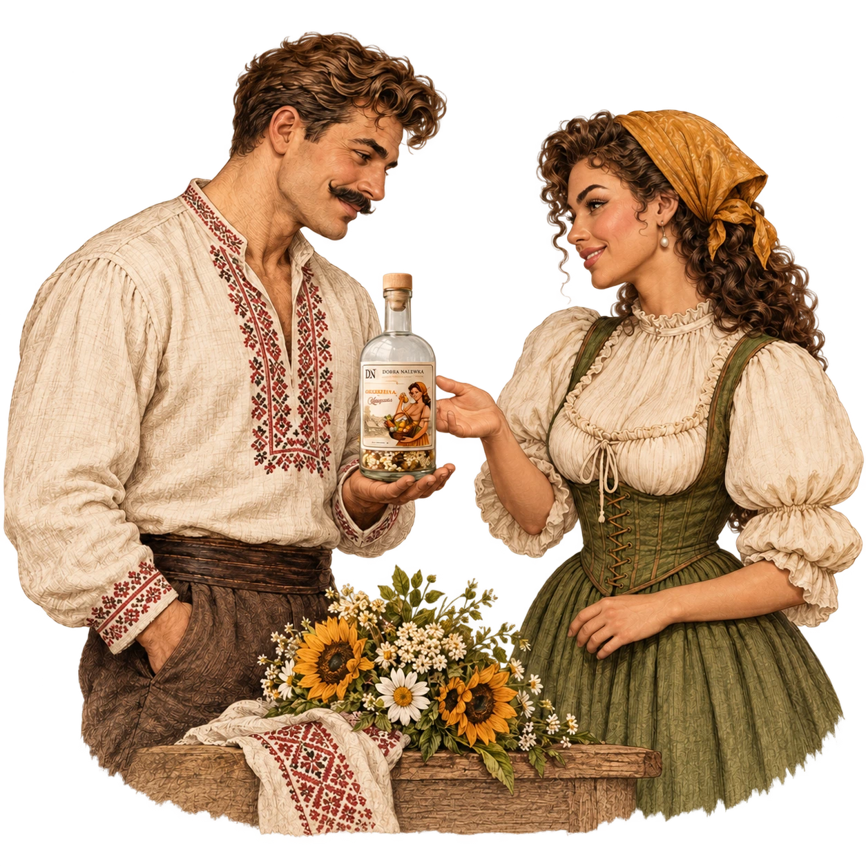 Ilustracja mężczyzny i kobiety oglądających butelkę zestawu obok bukietu kwiatów.