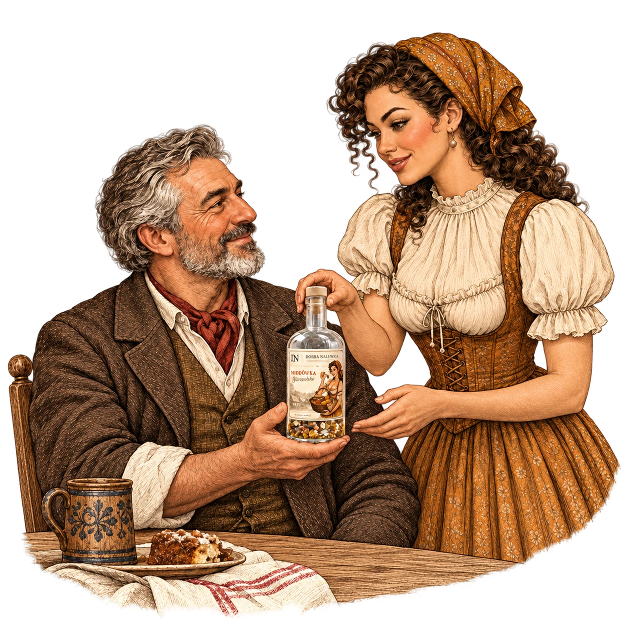 Ilustracja kobiety podającej siwowłosemu mężczyźnie butelkę zestawu do nalewki przy stole.