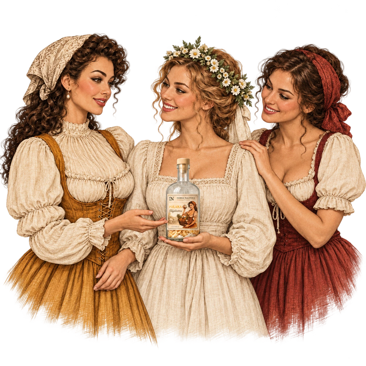 Ilustracja trzech kobiet z butelką ze składnikami do nalewki
