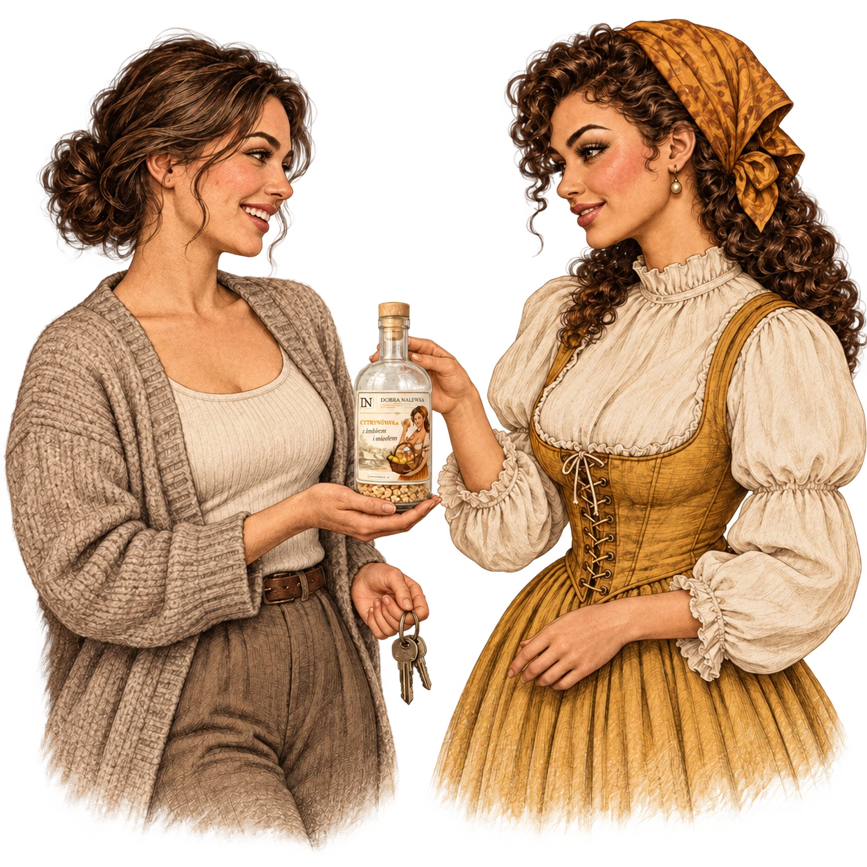 Ilustracja dwóch kobiet w domowym wnętrzu z butelką.
