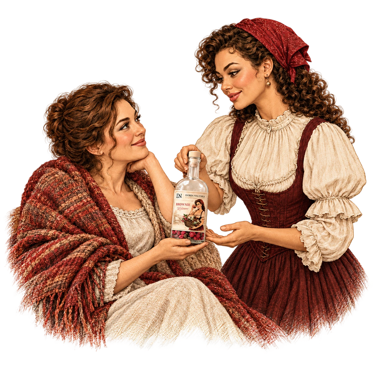 Ilustracja siedzącej starszej kobiety i młodszej kobiety z butelką.