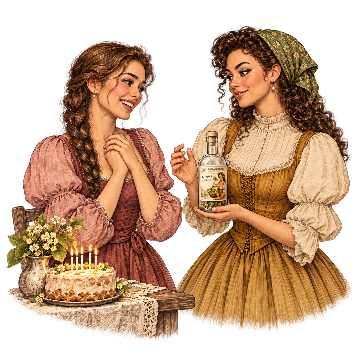 Ilustracja dwóch kobiet z butelką obok tortu.