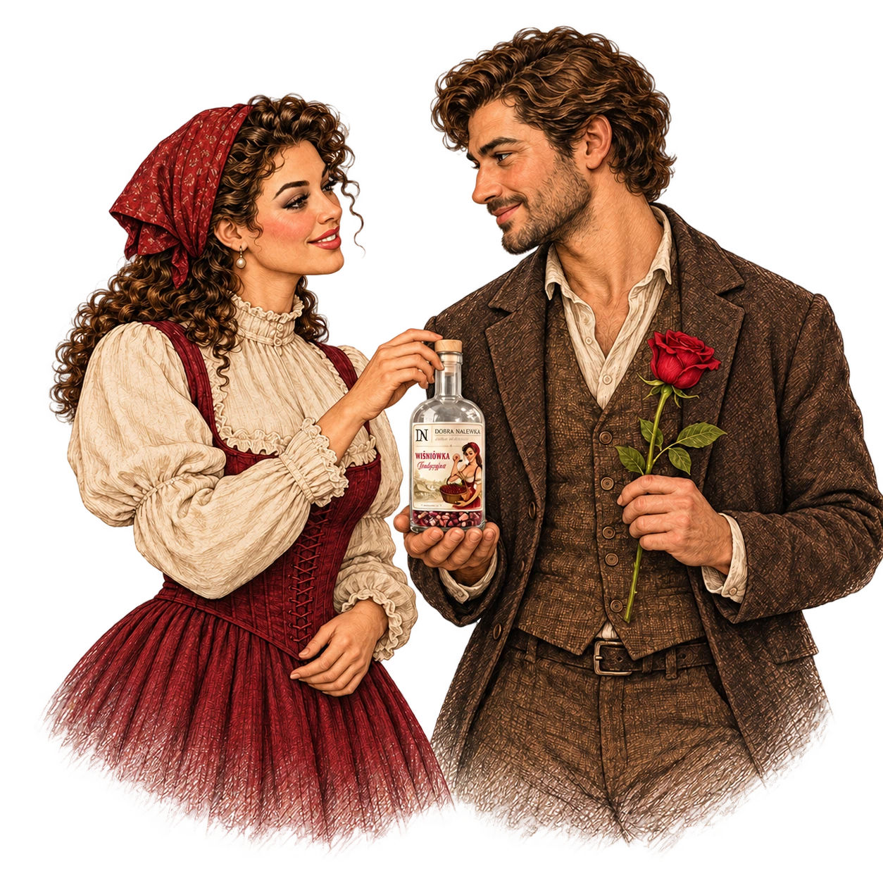 Ilustracja pary z butelką; mężczyzna ma różę przy ubraniu.