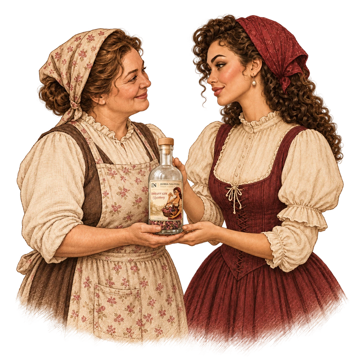 Ilustracja dwóch kobiet przekazujących ozdobną butelkę.