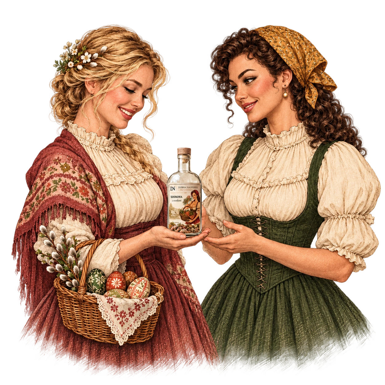Ilustracja dwóch kobiet oglądających butelkę zestawu obok wielkanocnego koszyka z pisankami.