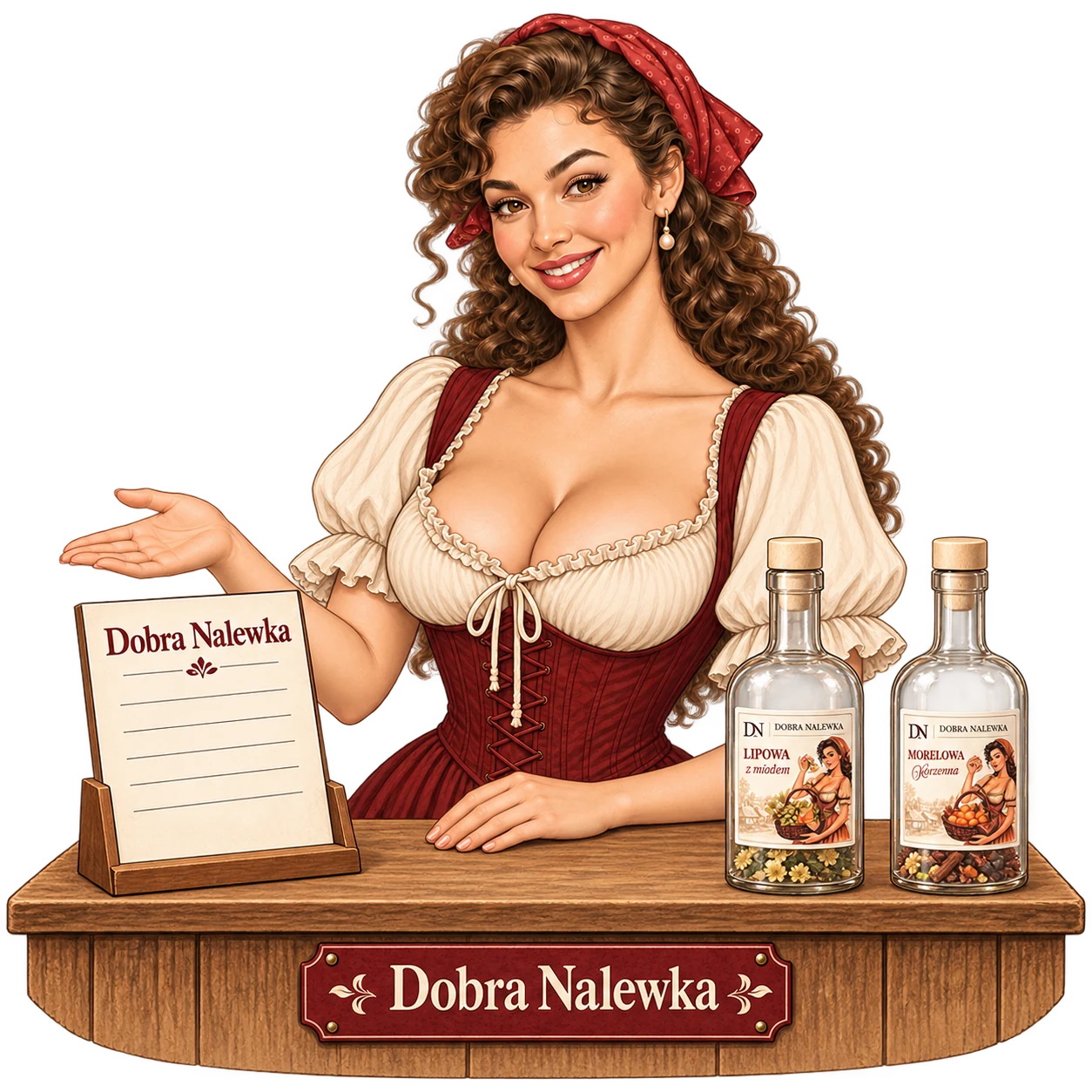 Ilustracja Dobra Nalewka: Hanka przy ladzie z zestawami do przygotowania nalewek